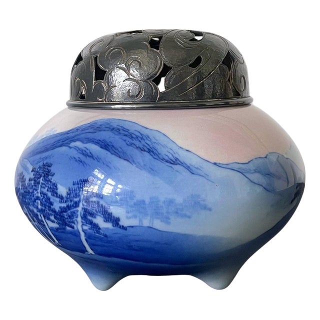 Japanese Glazed Ceramic and Silver Koro Incense Burner Makuzu Kozan For Sale