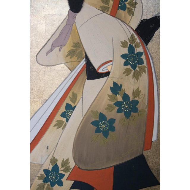 Showa Era Japanese Painted Panels "Samurai & Bijin", a Pair For Sale - Image 13 of 17