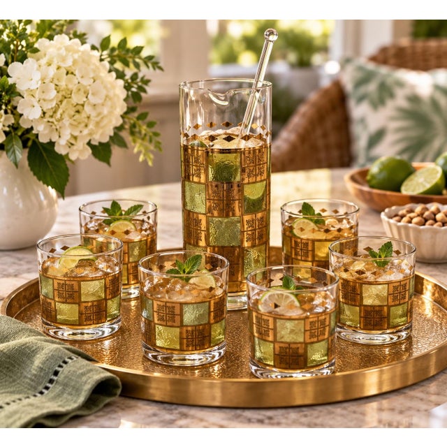 Add a touch of vintage glamour to your home bar with this stunning eight-piece green and gold martini set, featuring an...