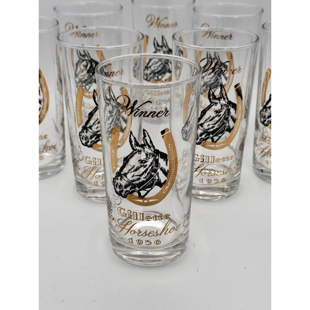 Vintage Mint Julep Gillette Horseshoe Winner Glasses 1956 Horse Motif Barware -Set of 8 For Sale - Image 4 of 7
