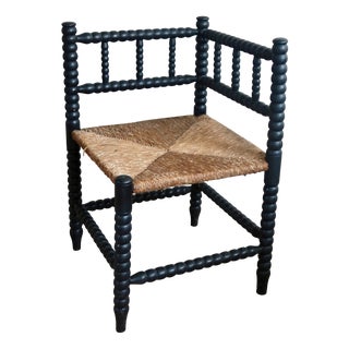 Vintage Corner Chair in Black Turned Wood with Straw Seat, 1970s For Sale