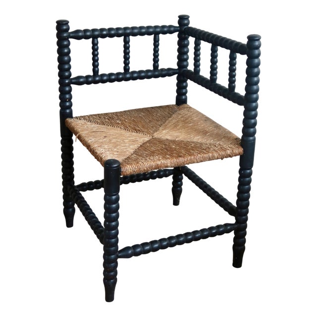 Vintage Corner Chair in Black Turned Wood with Straw Seat, 1970s For Sale