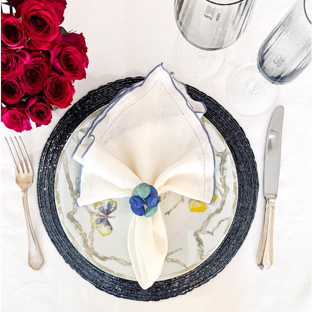 Linen Napkins With Blue Ruffled Hemstitch Edges, Set of 4 For Sale In Miami - Image 6 of 6
