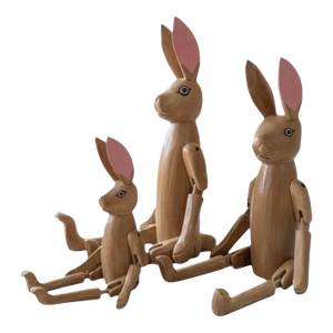 Vintage Hand-Carved Articulated Wooden Rabbit Family - Set of 3