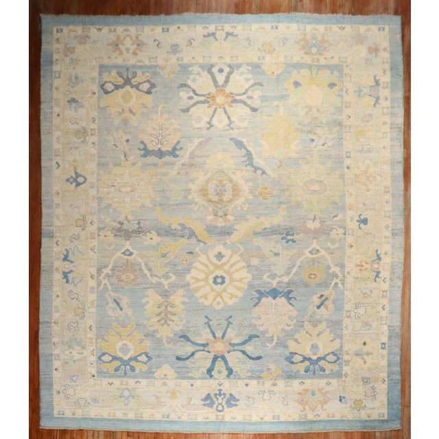 Folk Art Vintage Zabihi Collection Inspired Blue Large Turkish Oushak Carpet - 12' x 16'2" For Sale - Image 3 of 12