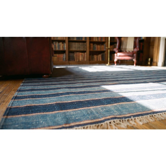 Traditional Antique Indian Cotton Dhurrie Rug With Blue Vertical Stripe Motif For Sale - Image 15 of 15