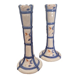 Italian Blue White Pottery Candlestick Holders a Pair For Sale