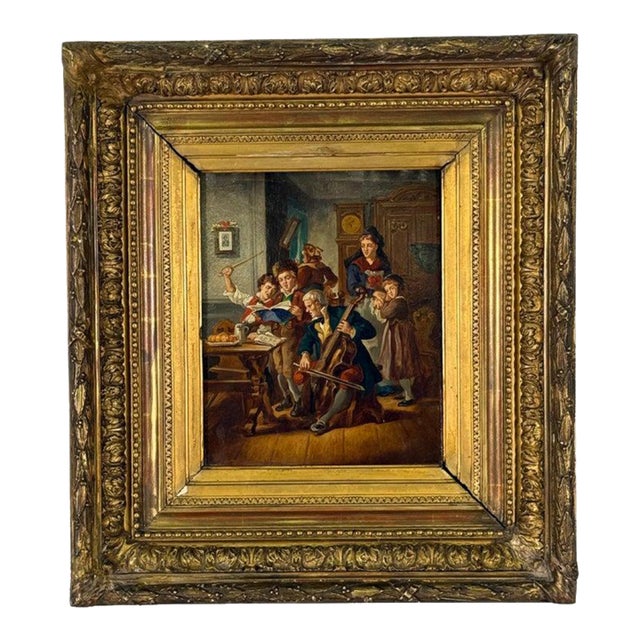 19th Century (Late) Painting Family Gathering With Cellist, Framed For Sale
