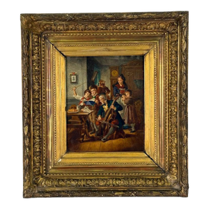 19th Century (Late) Painting Family Gathering With Cellist, Framed