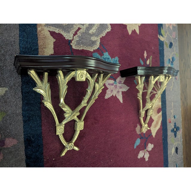 Vintage Chelsea House Polished Brass Laurel Leaves and Wood Decorative Wall Brackets- A Pair For Sale - Image 11 of 17