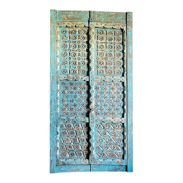 Rustic Blue Antique Carved Wood Double Doors With Brass Studs – Farmhouse Decorative Doors 91 For Sale
