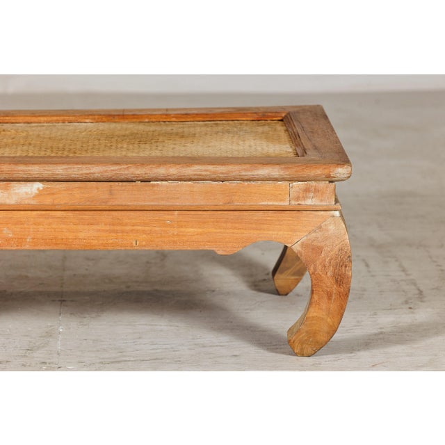 Country Style Low Wood Coffee Table with Woven Mat Top and Curved Legs For Sale In New York - Image 6 of 12