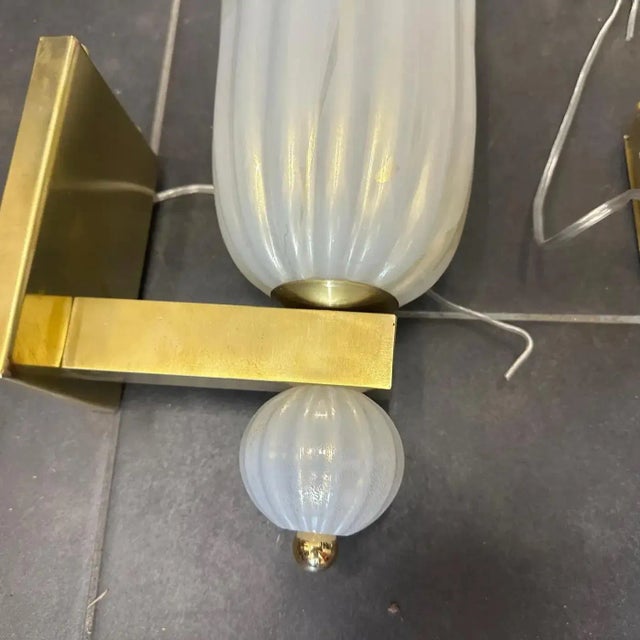 Two 1990s Barovier Style Mid-Century Modern Brass and Murano Glass Wall Sconces For Sale - Image 17 of 18