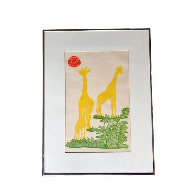 Vintage Seattle Artist Giraffe Block Print, Signed and Numbered, Professionally Matted and Framed For Sale - Image 9 of 12