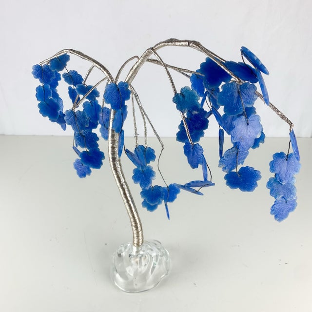 Vintage MCM Large Whimsy Tree Sculpture Art Blue Glass Leaves & Base With Wire For Sale - Image 9 of 9