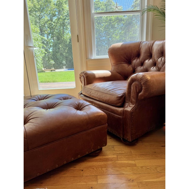 Wood Ralph Lauren Chair and Ottoman Set in Saddle Toned Leather For Sale - Image 7 of 18