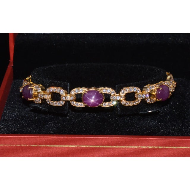 Gia Natural 25.14Cts vs F Diamond Unheated Star Ruby Solid 18k Gold Stacking Tennis Bracelet For Sale - Image 9 of 11