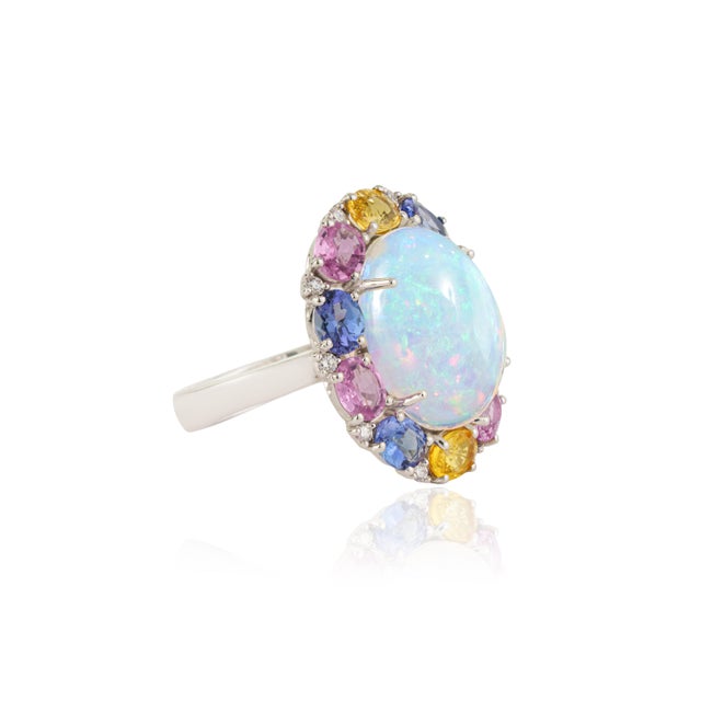 VR Jewels 9.01ct Ethiopian Fire Opal, Multi-Sapphire and Diamond Antique 18k White Gold Ring Size 4 For Sale - Image 4 of 18