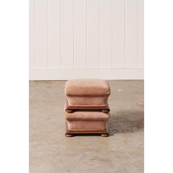 Pair of English Footstools On Wooden Feet and Rose Velvet Upholstery