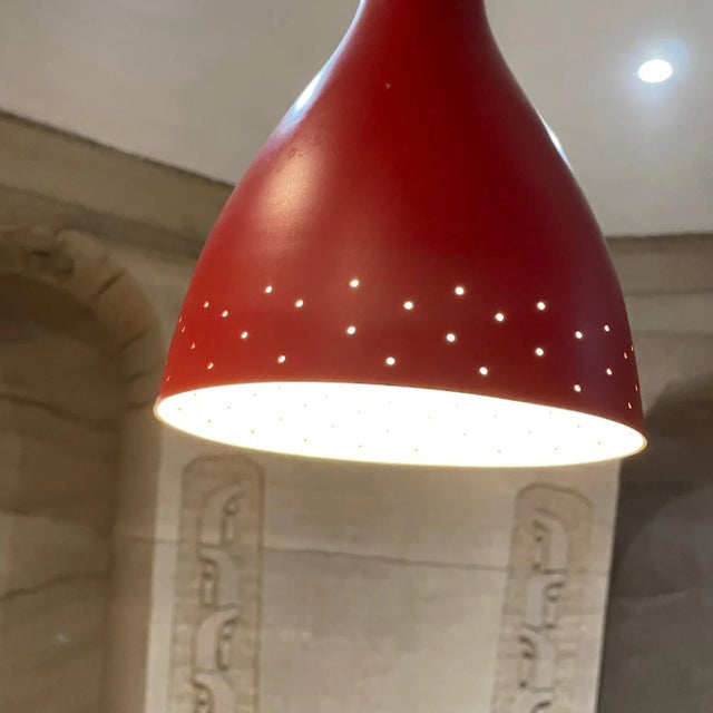 Metal 1950s Stilnovo Red Perforated Cone Italian Pendant Lamp Italy For Sale - Image 7 of 9