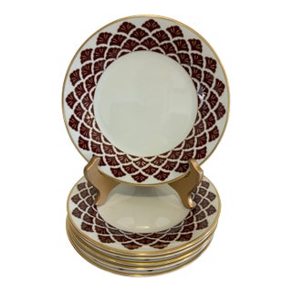 Vintage Pickard Fine China Salad Plates, Set of 8, Burgundy & Gold Fan Pattern For Sale