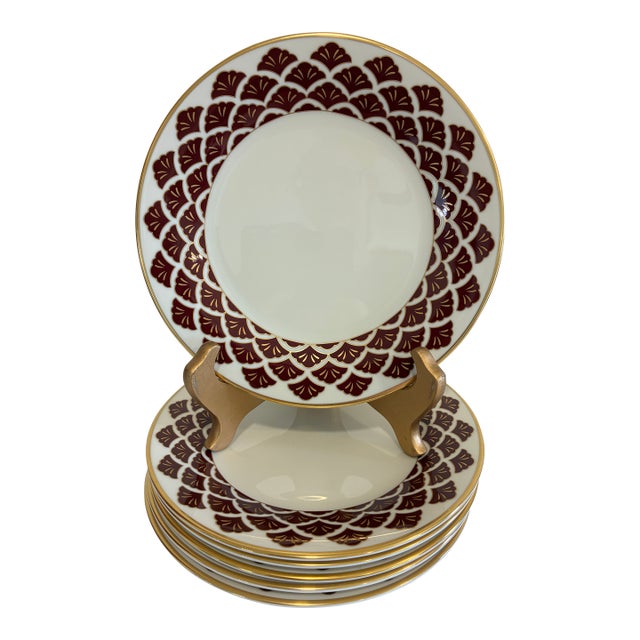Vintage Pickard Fine China Salad Plates, Set of 8, Burgundy & Gold Fan Pattern For Sale