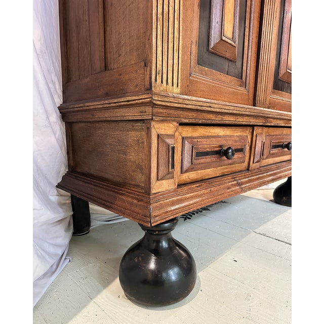 Wood 19th Century Monumental Dutch Baroque Revival Cushion Cupboard (Kussenkast) Kas Cabinet on Ebonized Ball Feet For Sale - Image 7 of 10