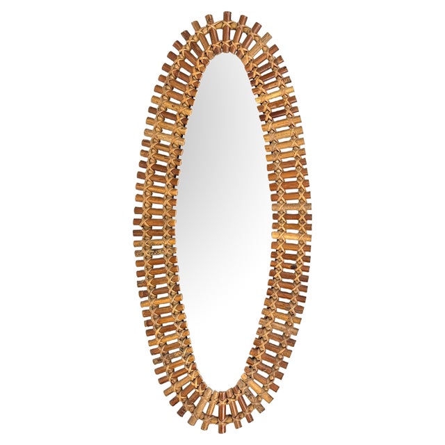 Mid-Century Bamboo and Rattan Oval Wall Mirror, Italy, 1960s For Sale
