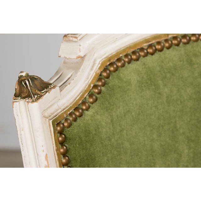 Antique French Louis XVI Style Painted Accent Chair in Moss Green Mohair For Sale - Image 9 of 18