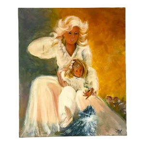 Vintage Signed Original Oil Portrait of a Mother & Daughter