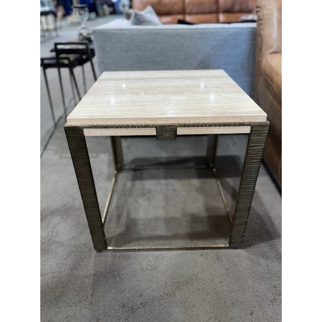 Contemporary Lexington Laural Canyon Tan Travertine Top & Brush Metal Frame "Stone Canyon" Side Table For Sale - Image 3 of 9