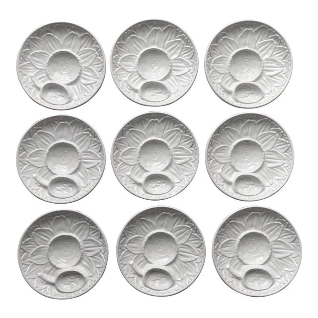 Vintage Faience Footed Artichoke Plates-Neuwirth, Portugal-Set 9 For Sale