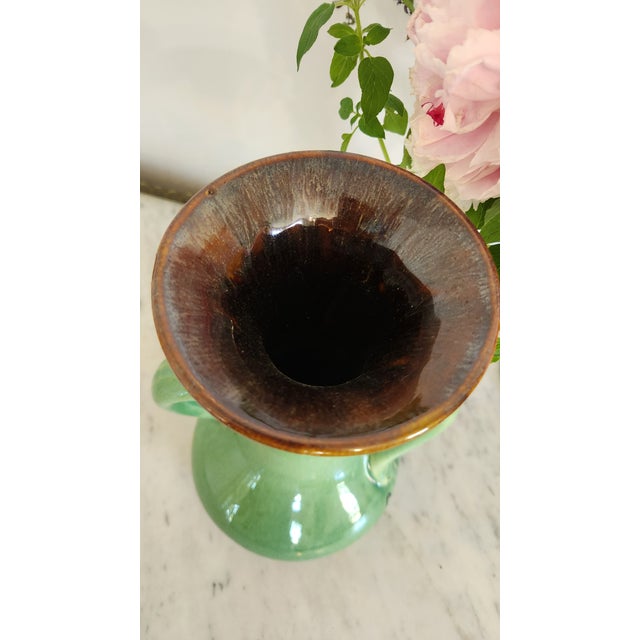 1950s Vintage German Green and Brown Drip Glaze Double Handle Vase, Marked Germany 850 For Sale - Image 5 of 14