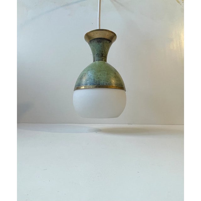 Art Deco Revival Pendant Lamp in Green Bronze and White Glass, 1970s For Sale - Image 12 of 12