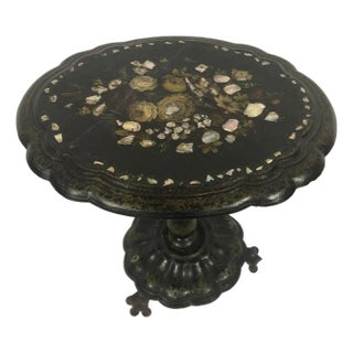 Antique Victorian Papier-Mâché Pedestal Table | Mother of Pearl Inlay |25'' H For Sale