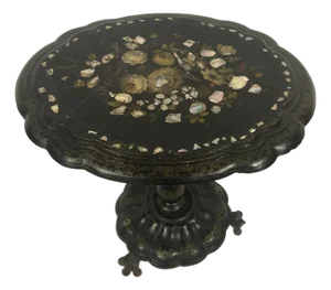 Antique Victorian Papier-Mâché Pedestal Table | Mother of Pearl Inlay |25'' H