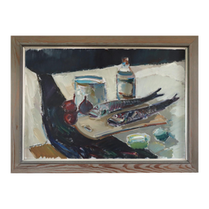 Mid-Century Modern 'Tabletop Still Life With Fish' Vintage Swedish Expressive Still Life Oil Painting, Framed