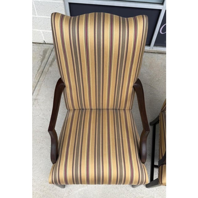 Gold Pair of Ethan Allen High Back Arm Chairs With Striped Upholstery For Sale - Image 8 of 16