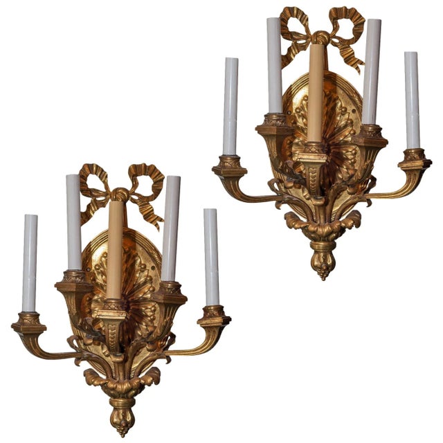 Mid-Century Modern Adam Style Five-Arm Gilt Bronze Wall Light Sconces - A Pair For Sale - Image 3 of 3