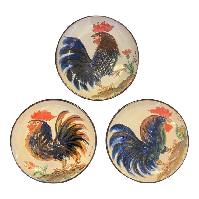 Vintage Portuguese Low Relief Pottery Rooster Plates For Sale