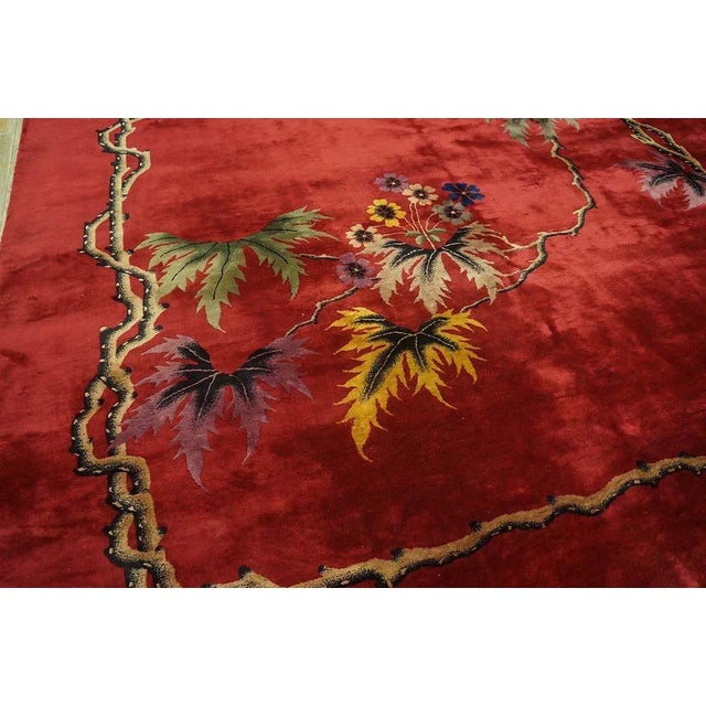 Splendid Red Background With Palmtrees in a Floral Design Antique Chinese Art Deco Rug For Sale In New York - Image 6 of 12