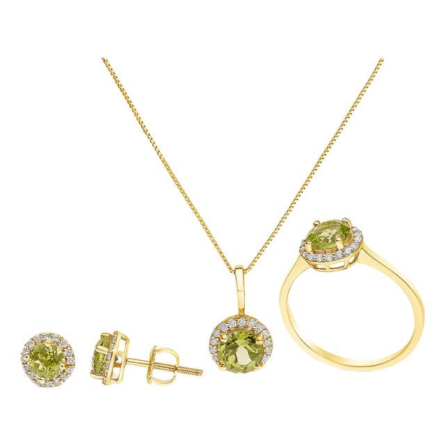 10K Yellow Gold Green Peridot and 3/8 Cttw Diamond Halo Jewelry Set (Earrings, Pendant & Ring) For Sale