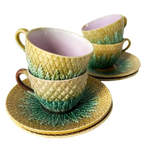Set of 4 Antique 19th C Majolica Pineapple Pattern Tea Cups and Saucers C1880s. For Sale