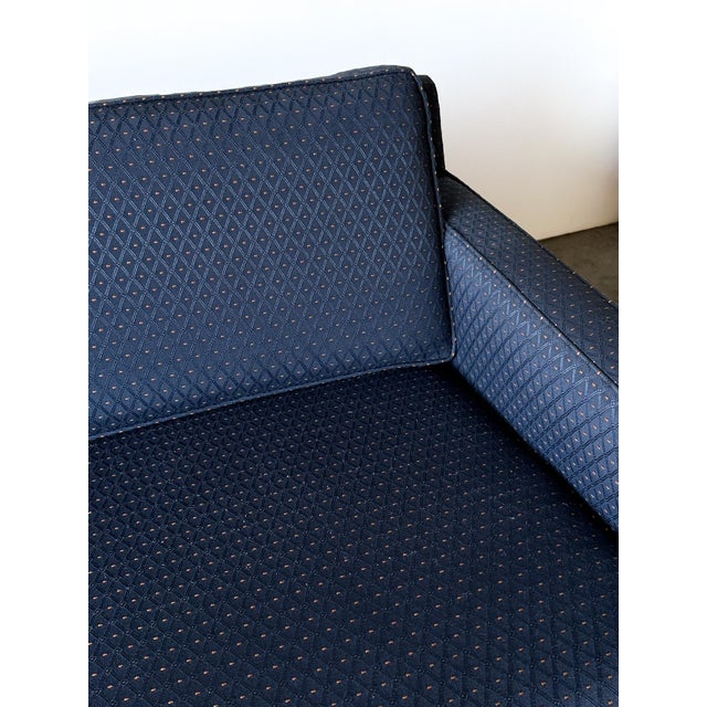 1960s Vintage Mid-Century Navy Jacquard Skirted Tuxedo Sofa For Sale In Greensboro - Image 6 of 18