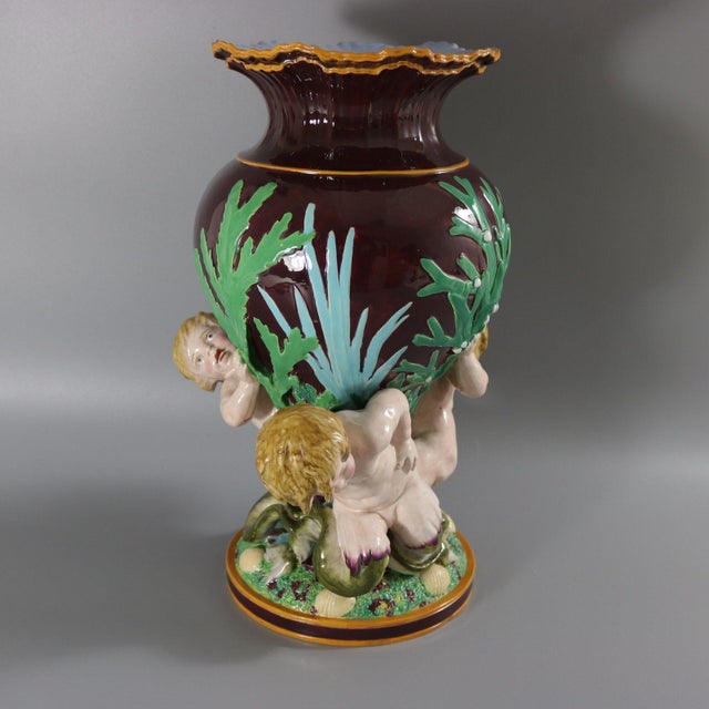 Ceramic Minton Majolica Marine Vase With Merboys For Sale - Image 7 of 12