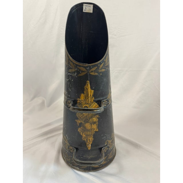 Antique English Tole Coal Helmet Scuttle | Beldray Maker's Mark, Gilt Neoclassical Decoration | 24in Tall For Sale - Image 4 of 12