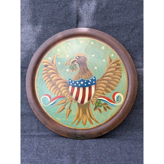 Vintage Round Wooden Hand Painted Eagle With Shield Wall Decor For Sale - Image 13 of 13