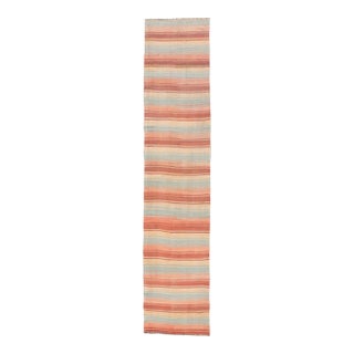 Vintage Turkish Kilim Runner With Coral, Tan, and Sky Blue Stripes For Sale