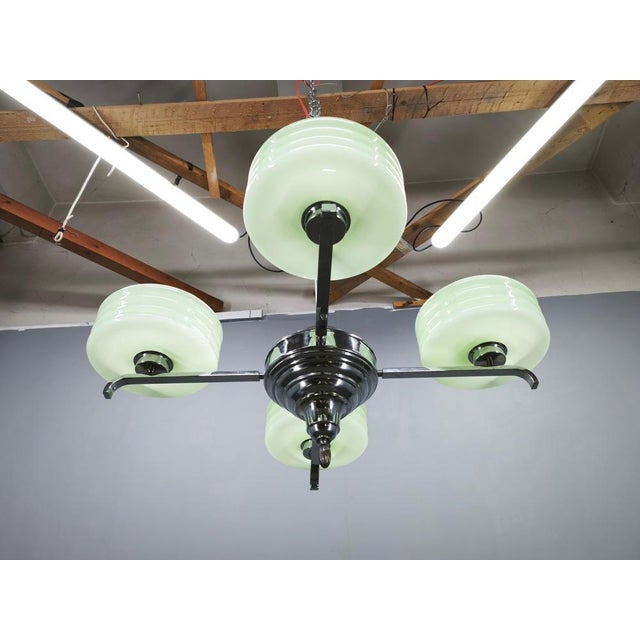 Art Deco Green Opaline Glass Chandelier, Former Czechoslovakia, 1930s For Sale - Image 9 of 14