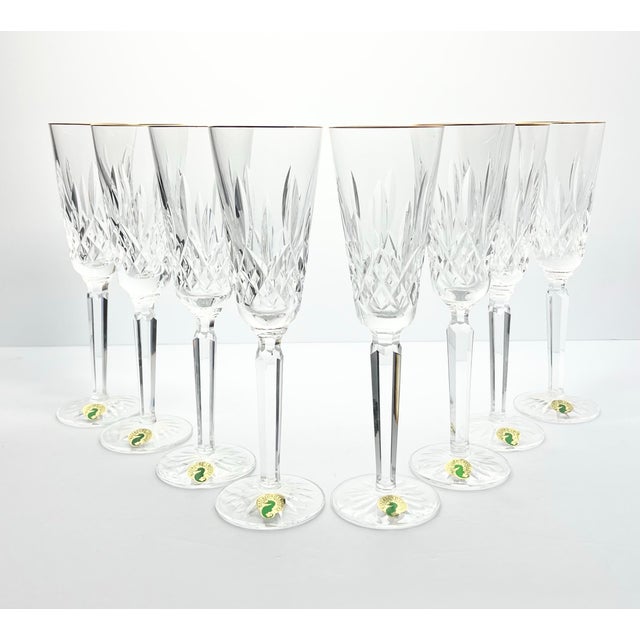 Waterford “Golden Lismore (Tall)” 8 Crystal Gold Rim Champagne Glasses 8.75” 6oz Excellent condition. No chips, cracks,...